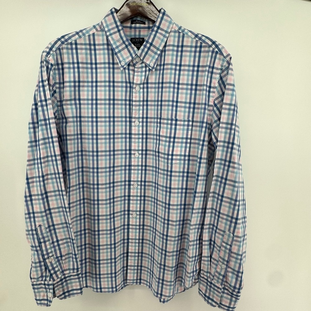 J.Crew Mens Flex Washed Slim Untucked Shirt‎ Blue Pink Plaid Large L Long Sleeve